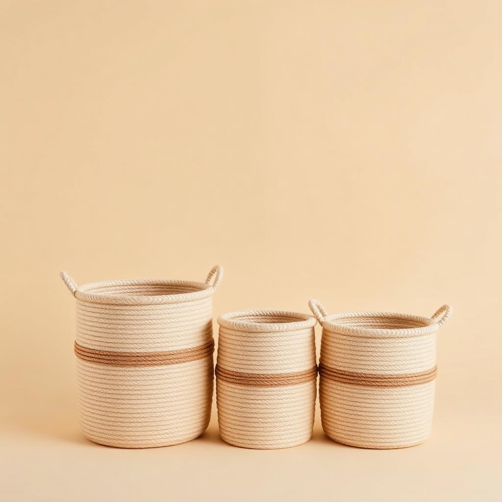 Three nested woven cotton rope storage baskets in natural color