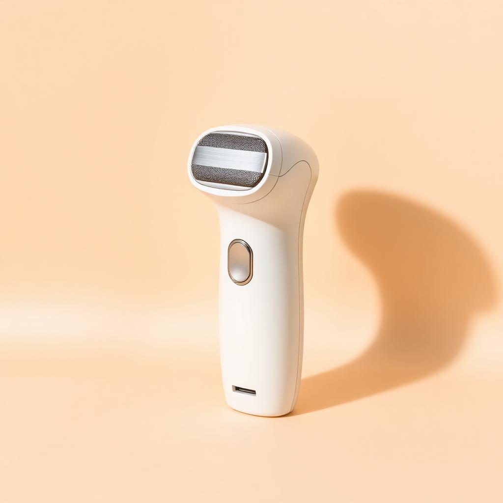 Handheld cordless fabric shaver in white with stainless blade guard