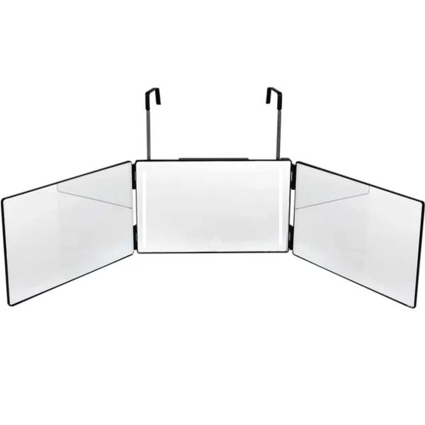 Trifold over-the-door mirror with center panel and two adjustable side panels