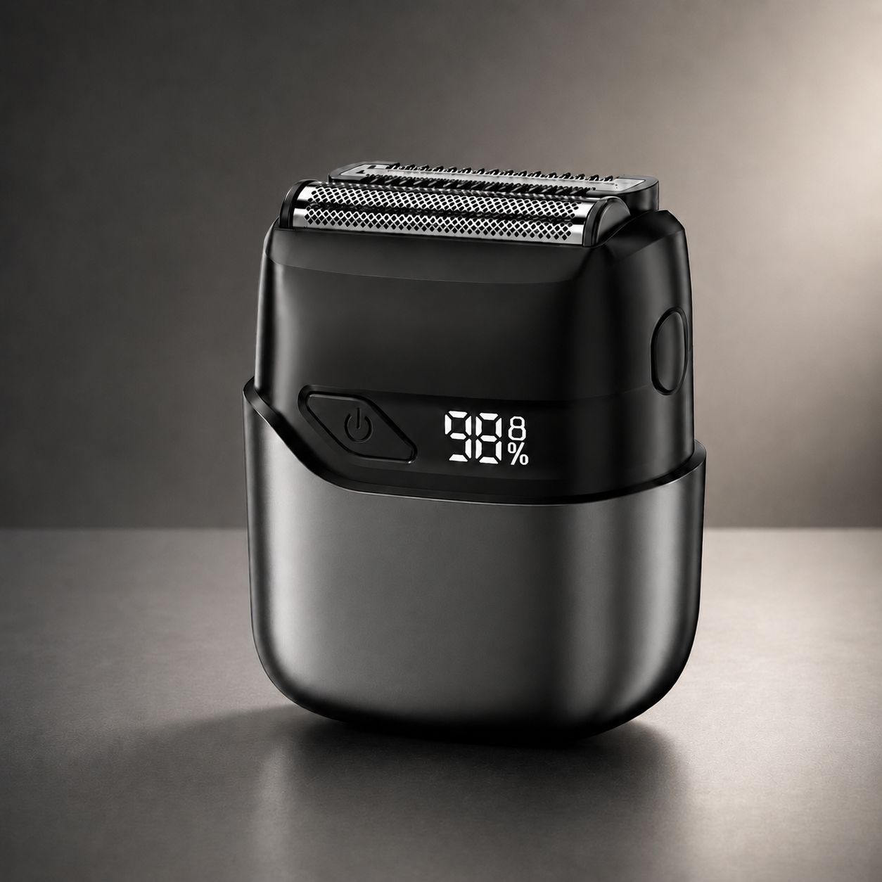 Black foil shaver seated in charging dock with LED battery display