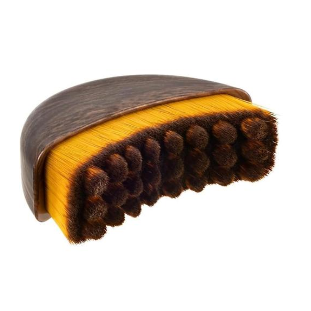 Curved wooden scalp brush with soft bristles and built-in oil reservoir