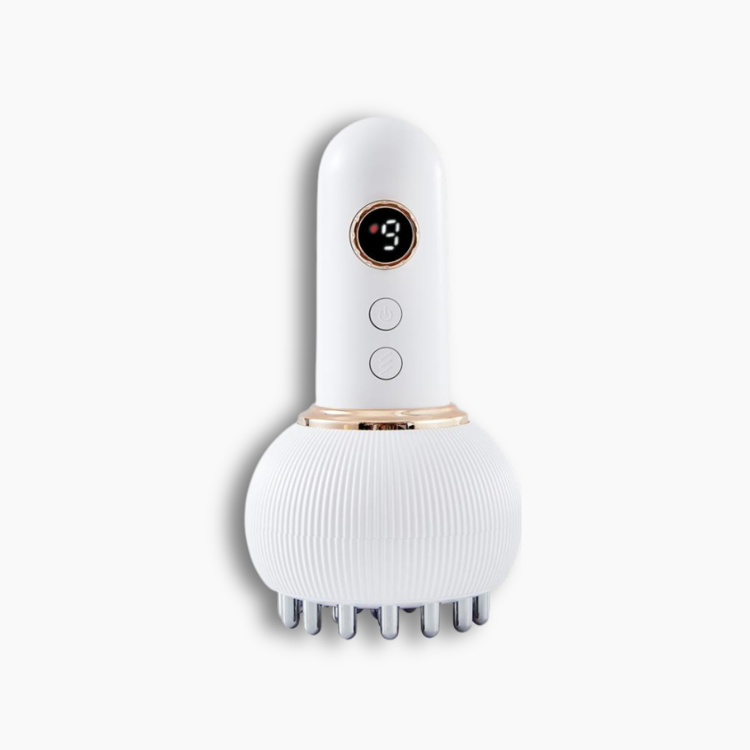 White cordless electric cellulite massager with LED display and silicone massage head