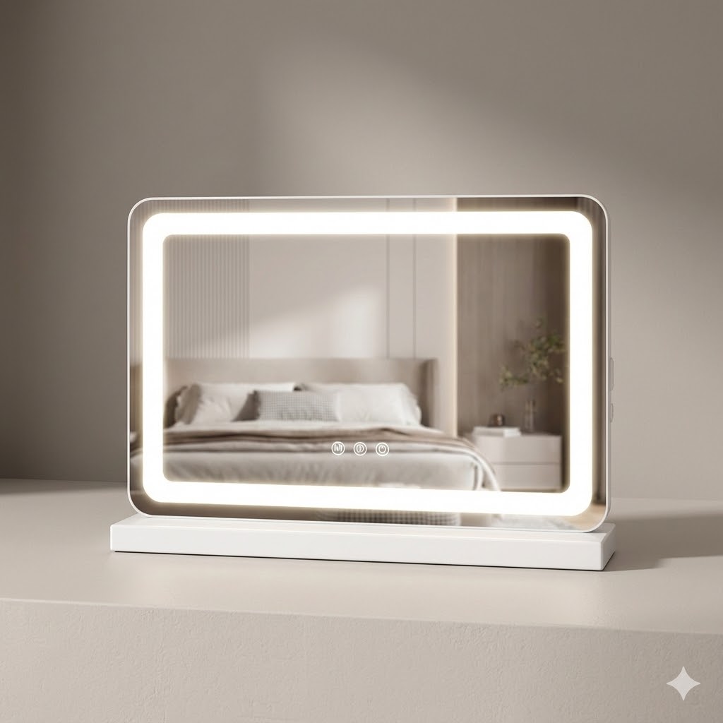 Wide LED vanity desk mirror with lit frame on a warm neutral surface