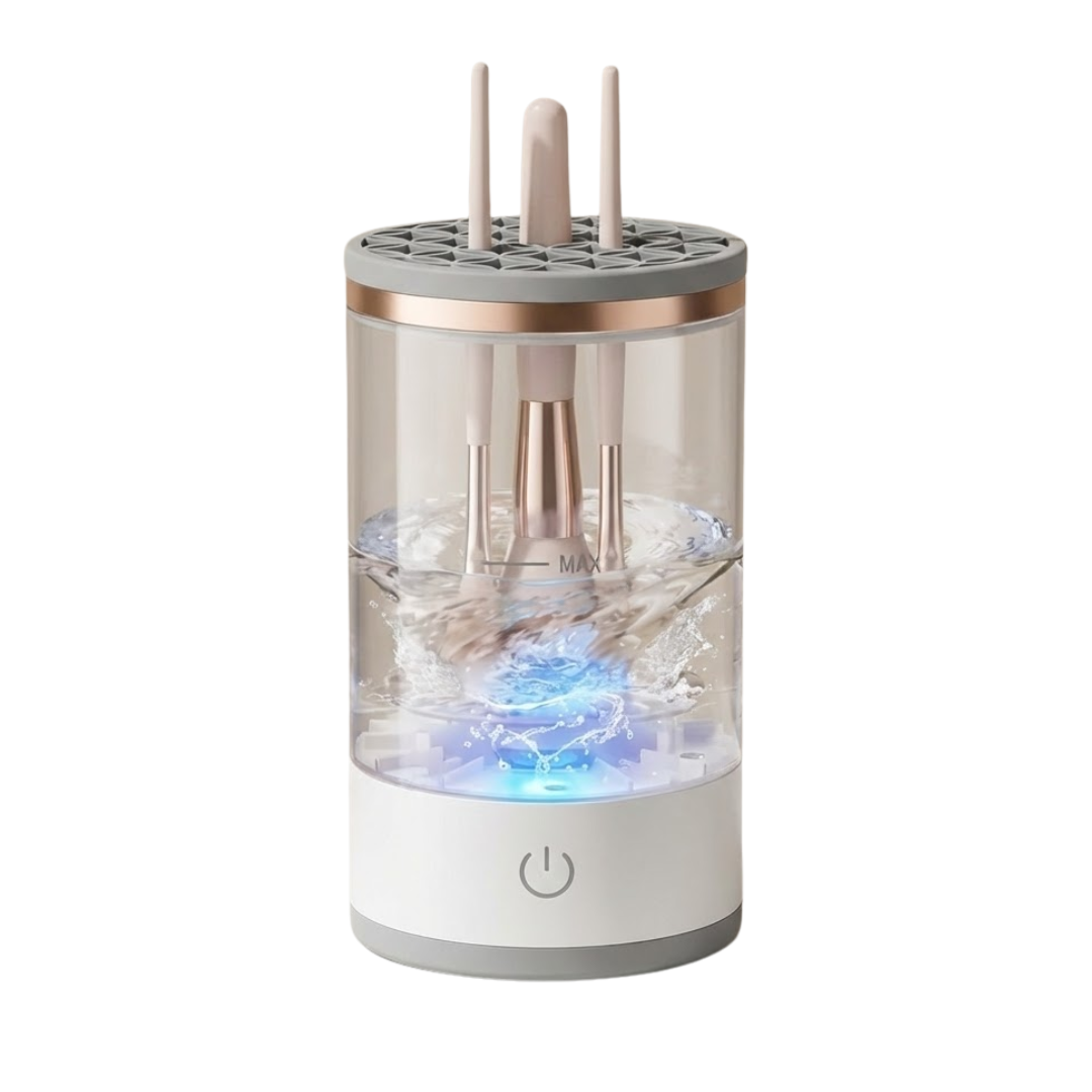 Electric makeup brush cleaner with clear reservoir spinning brushes