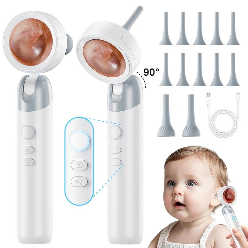 White wireless baby otoscope ear camera with 90° adjustable head and silicone tip accessories