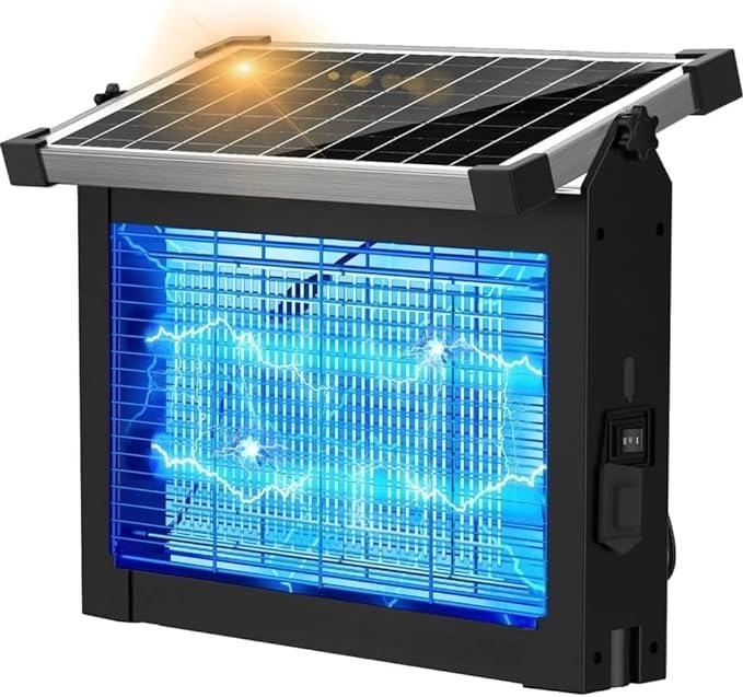 Solar-powered outdoor bug zapper with black housing and blue UV grid, solar panel on top