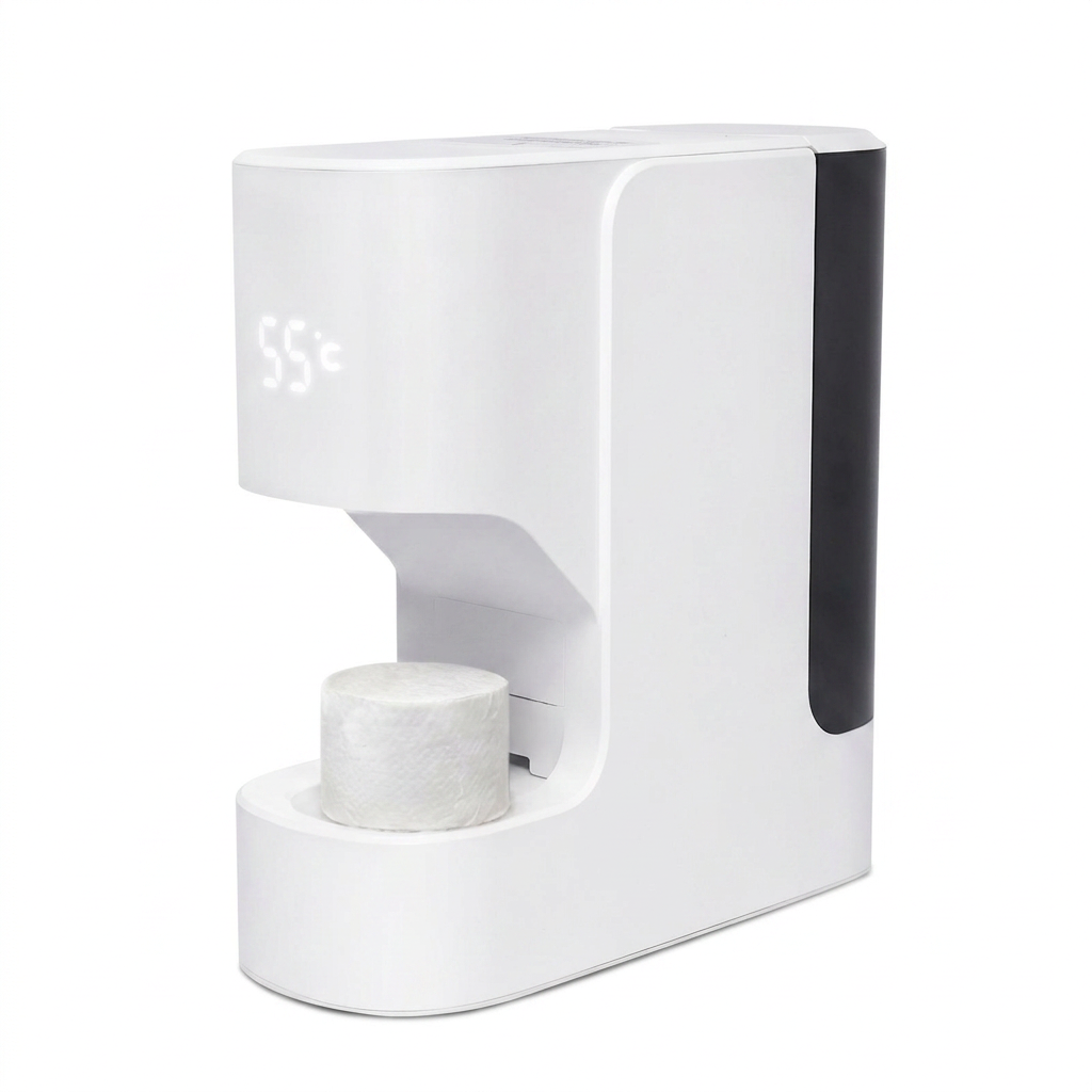 White countertop heated face towel maker with LED temperature display and a compressed towel puck in the tray