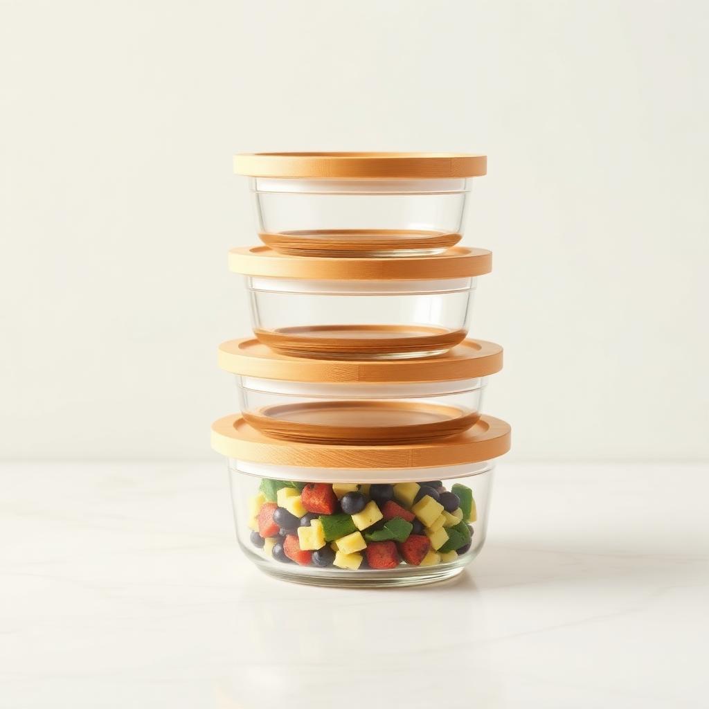 Set of five glass meal-prep containers with bamboo lids, nested and stacked