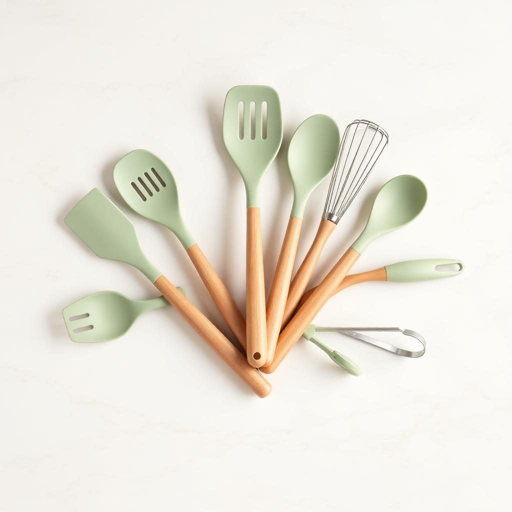 Seven silicone cooking utensils with beechwood handles in sage color