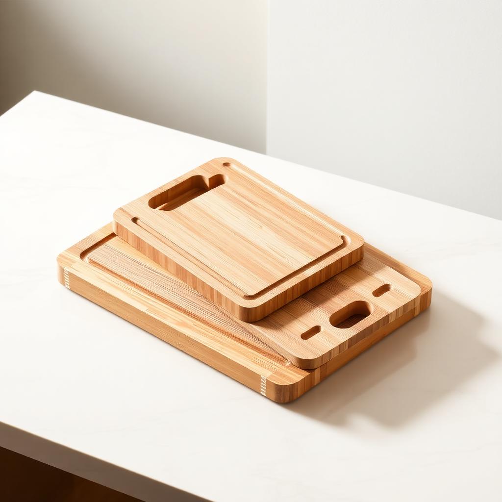Three nested bamboo cutting boards with juice grooves