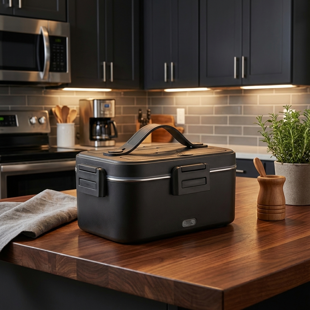 Black portable heated lunchbox with carry handle on a kitchen counter