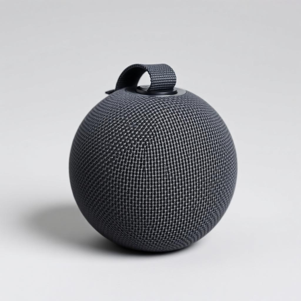 Compact cylindrical Bluetooth speaker in charcoal fabric mesh