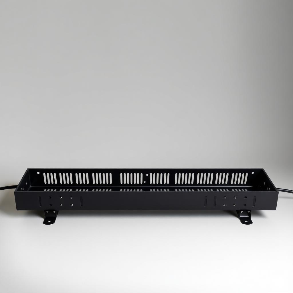 Black under-desk cable management tray with ventilated slots