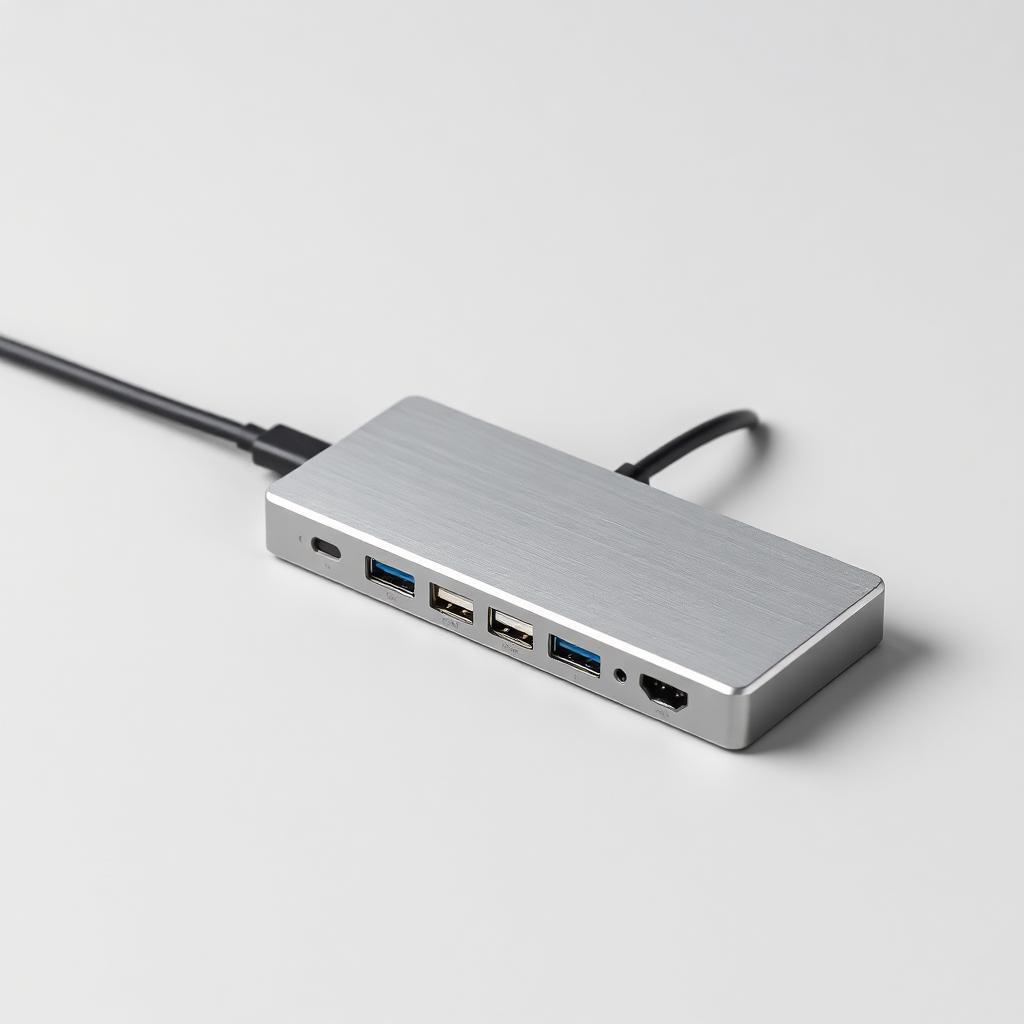 Aluminum USB-C 7-port desktop hub with visible ports