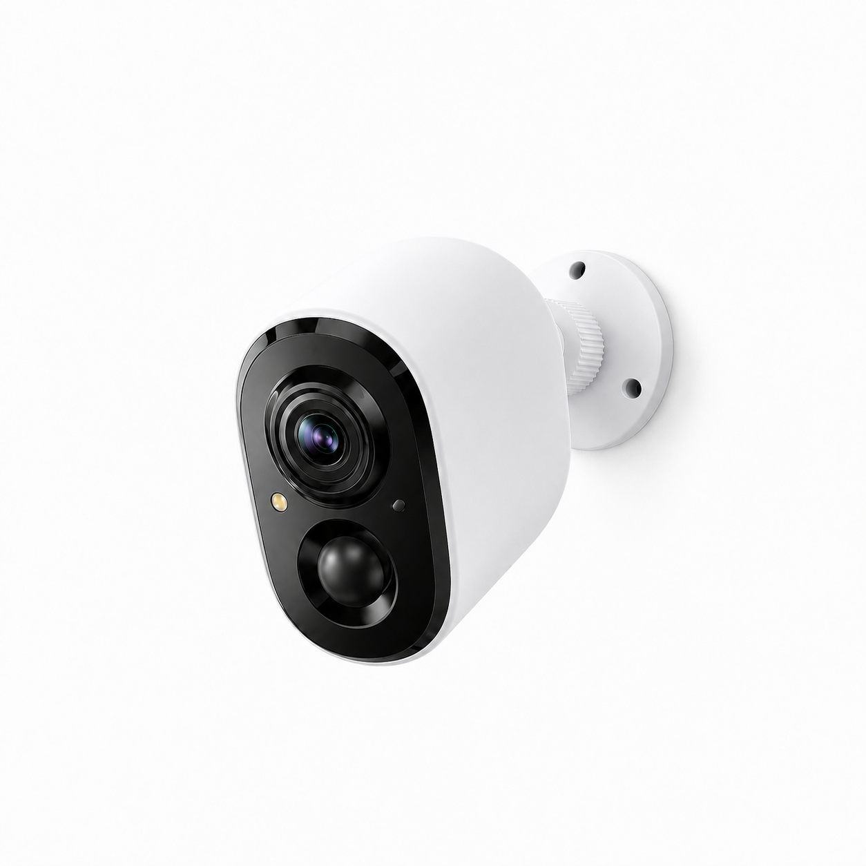 White wireless outdoor security camera mounted on a small wall bracket