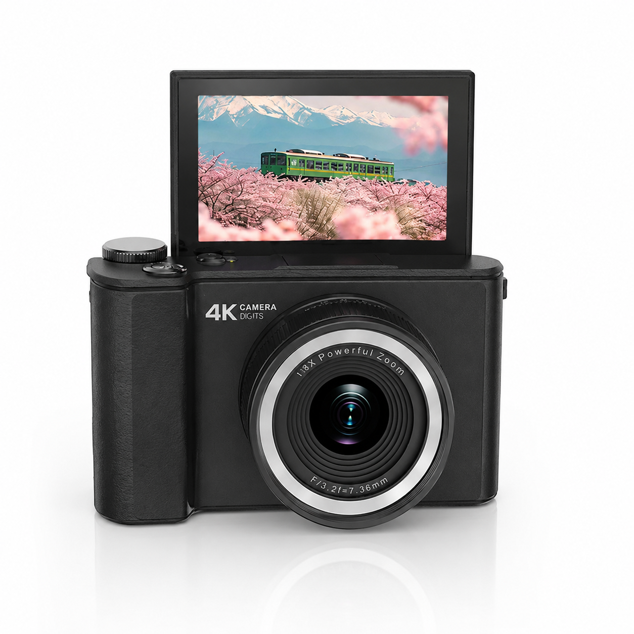 Black 4K digital vlog camera with flip-up screen showing a scenic photo