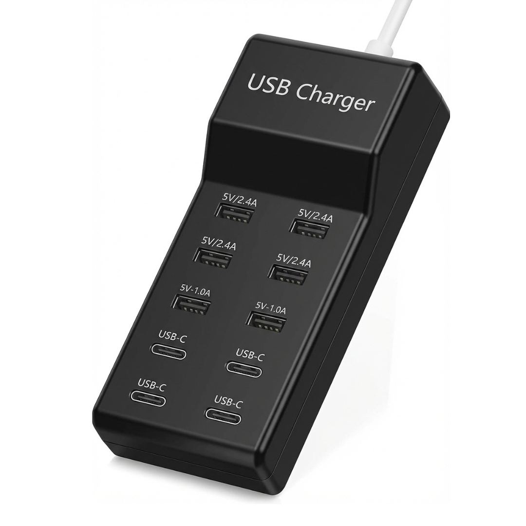 Black 10-port USB charging station with 6 USB-A and 4 USB-C ports