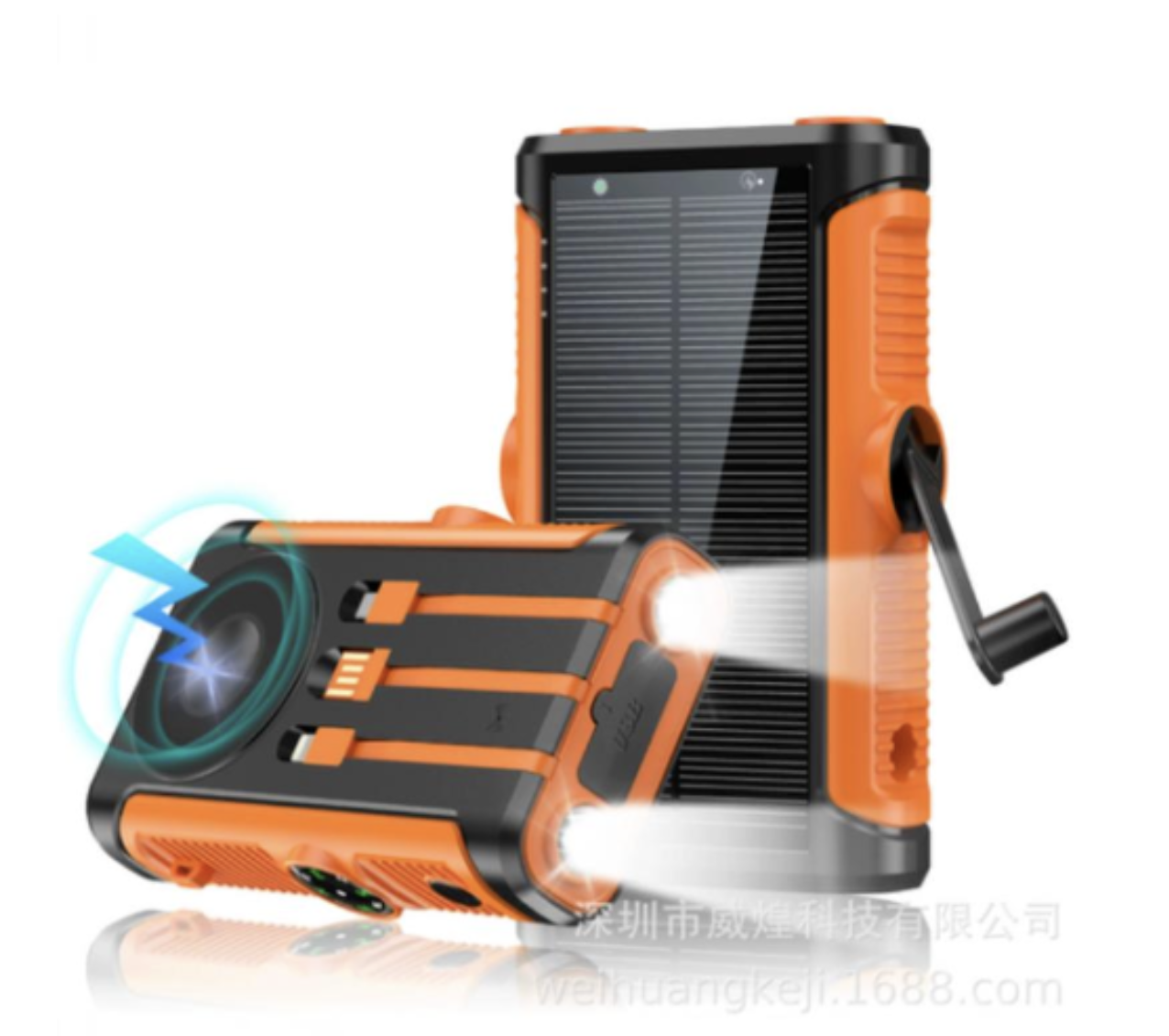 Rugged orange solar power bank with hand crank, LED flashlight, and built-in cables