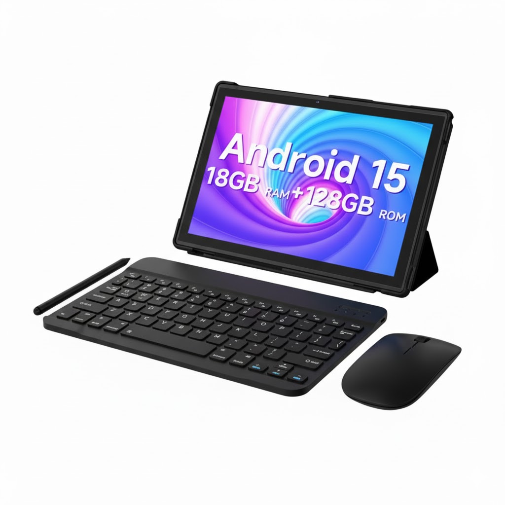 Black Android 15 tablet in a folio case with keyboard, mouse, and stylus