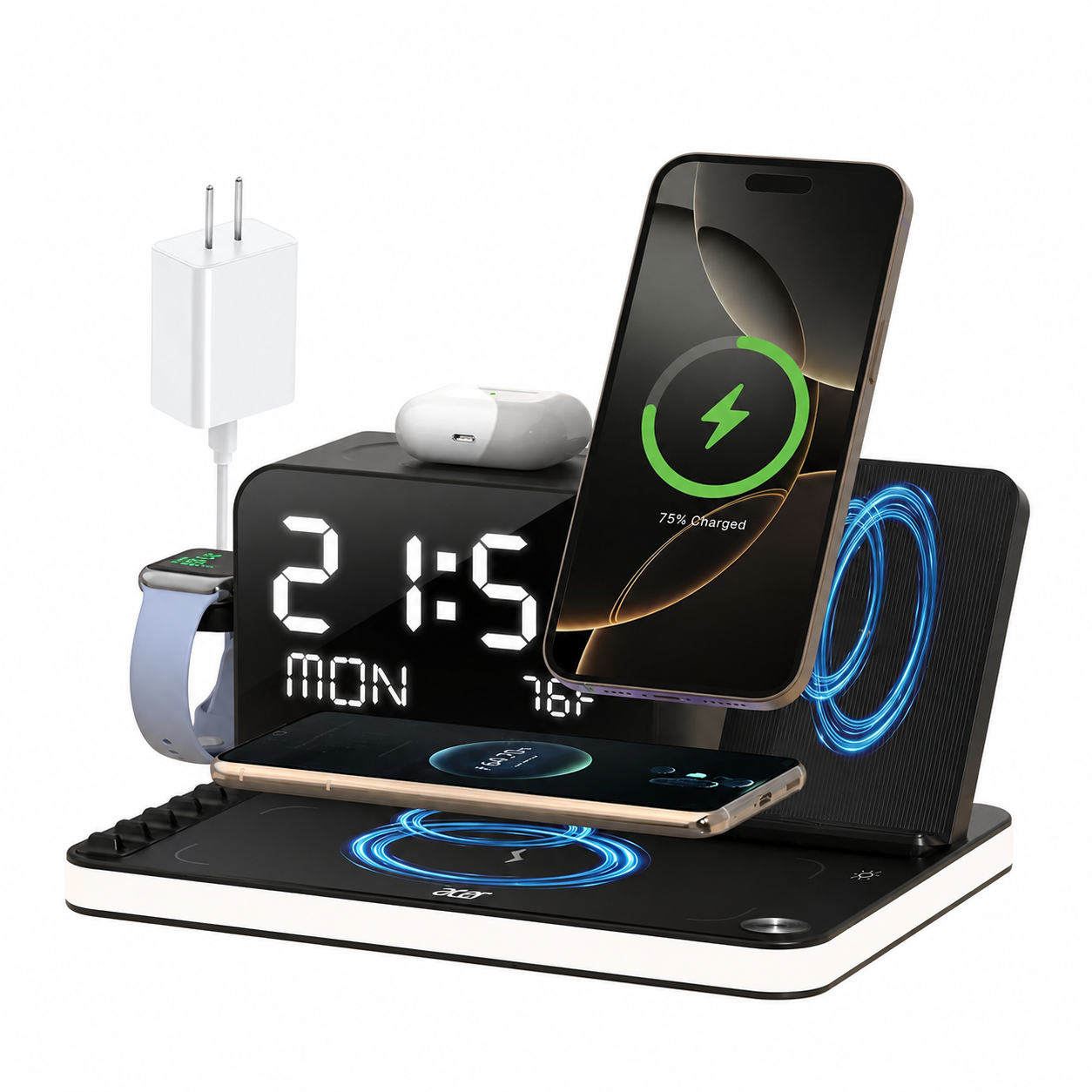Black 6-in-1 wireless charging station with phone, watch, earbuds, and LED alarm clock