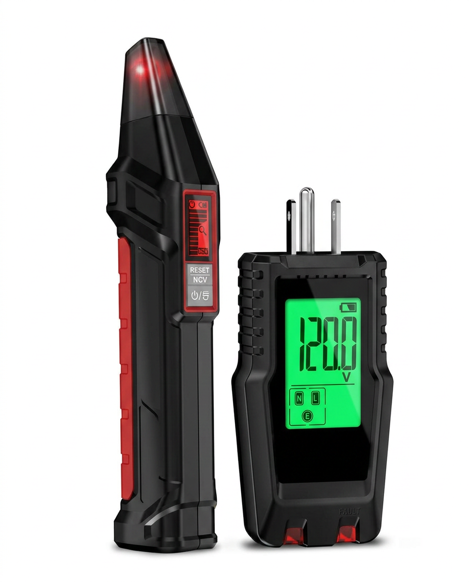 Black and red digital circuit breaker finder pen next to a digital outlet tester with LCD screen