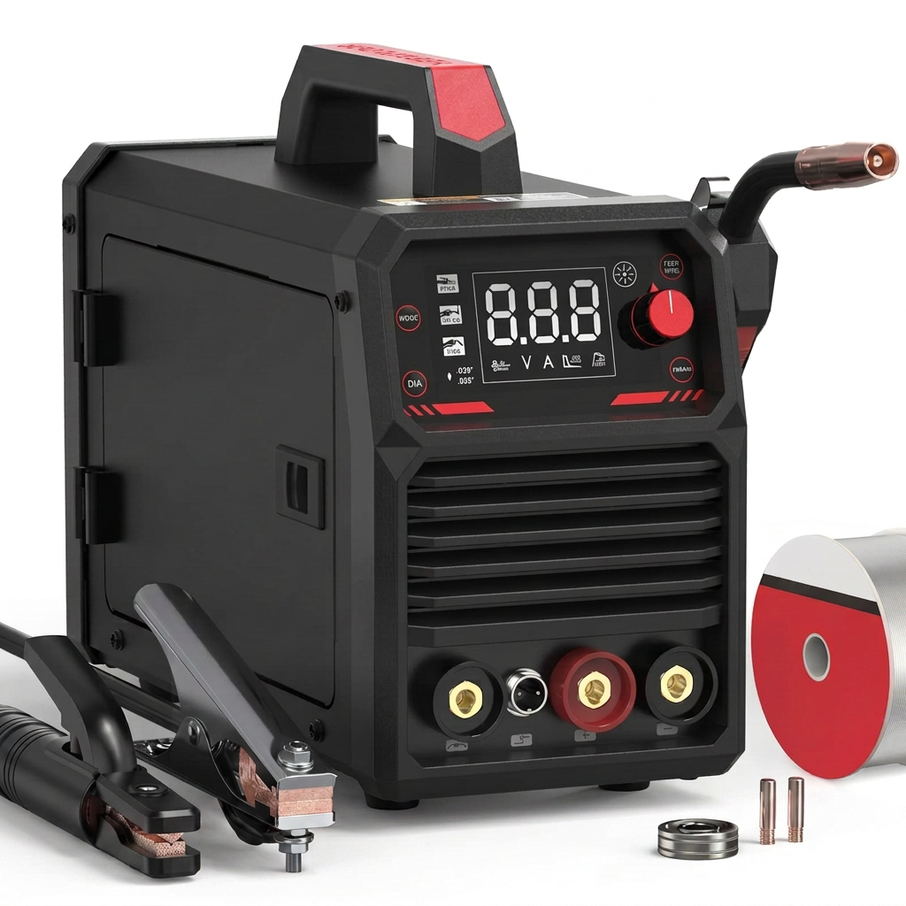 Black and red portable flux core MIG welder with digital display, welding gun, ground clamp, and wire spool