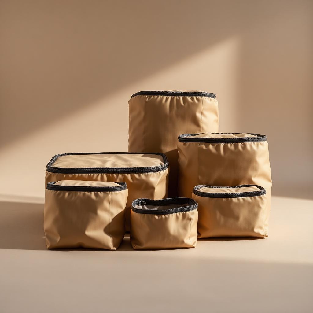 Six compression packing cubes in sand color arranged in a set