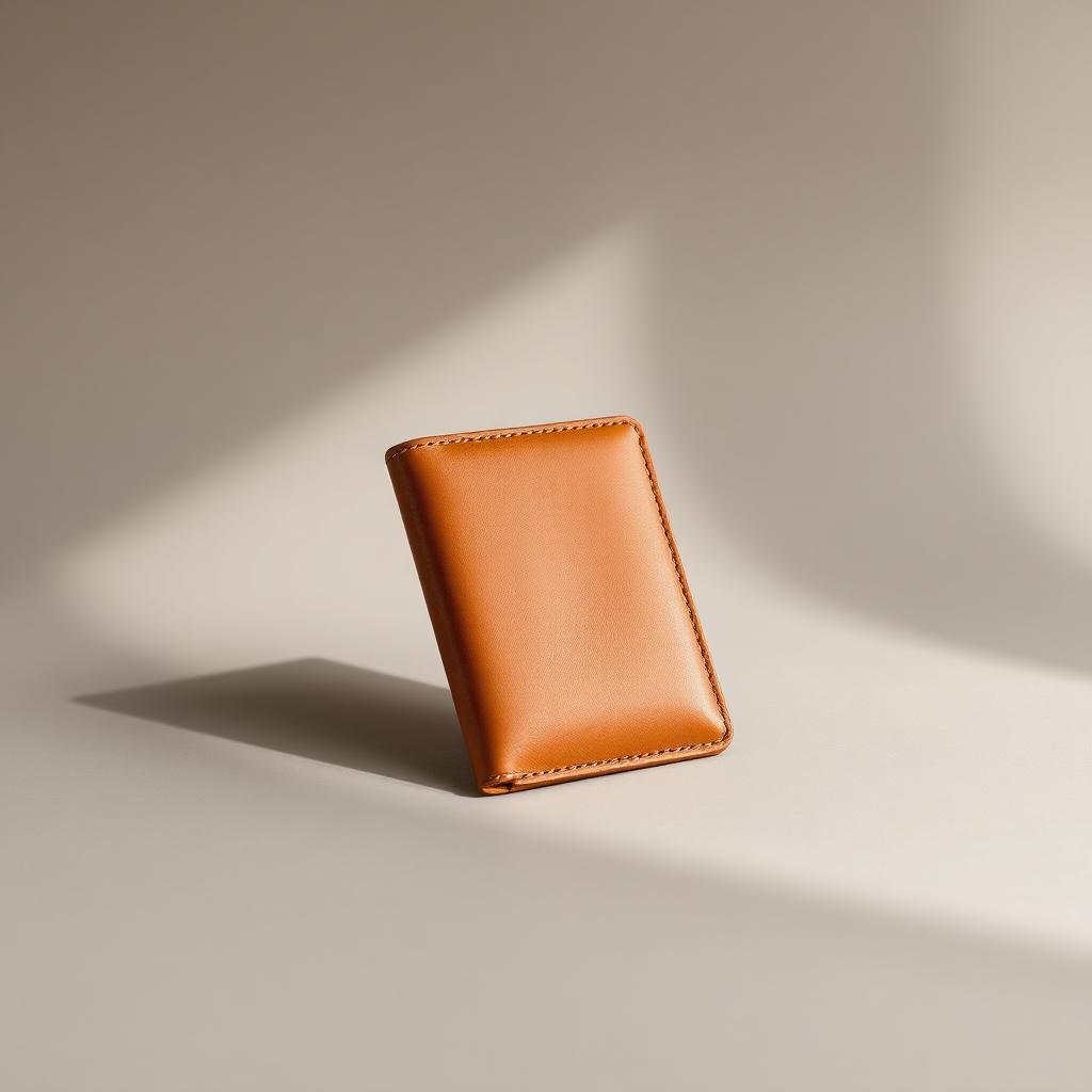 Slim vegan leather passport wallet in camel color, closed