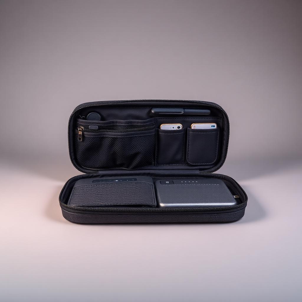 Padded travel electronics organizer in charcoal, unzipped to show cable loops